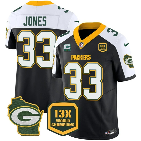 Men's Green Bay Packers #33 Aaron Jones Black/White 2023 F.U.S.E. Home With 1-Star C Patch 13 Time World Champions Vapor Untouchable Limited Stitched Football Jersey